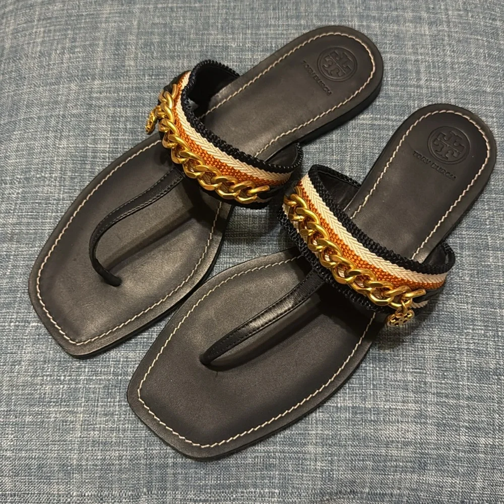 Tory Burch Mini Benton Chain Band Sandal Navy/Tan, US 9.5